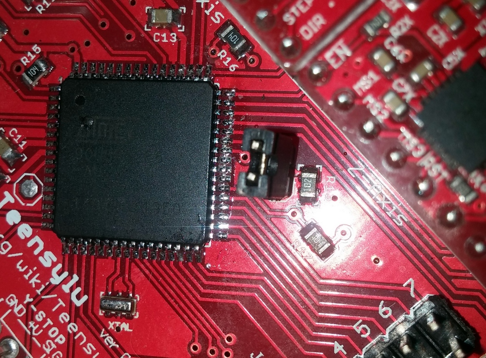 Close up of the Teensylu processor. Solder on pins not clean/good
