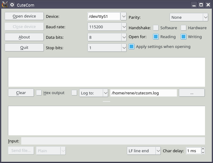 Clip-écran du logiciel CuteCom sous Linux Kubuntu 16.04 64 bits